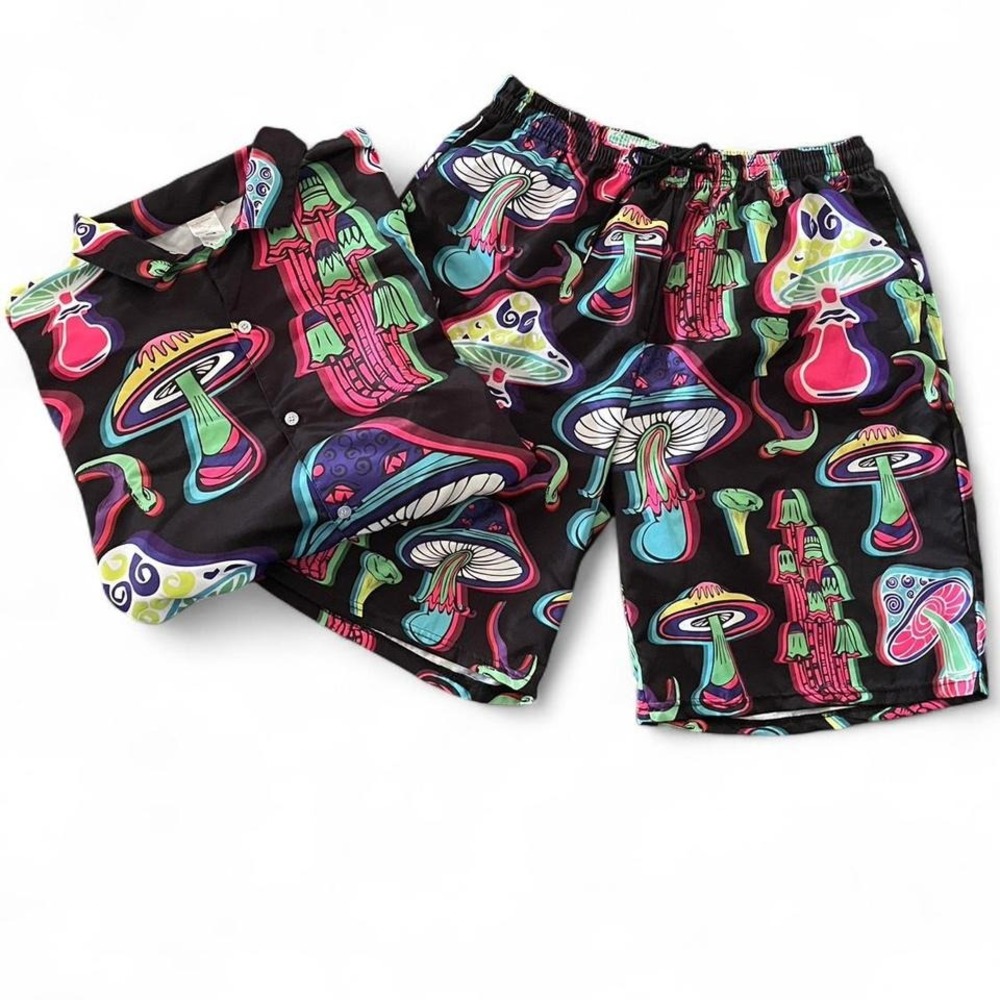 Men's 3X Psychedelic mushroom shorts / swim trunks and matching shirt